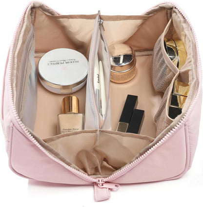 Travel Makeup Bag Organizer Pouch Open Flat Cosmetic Case Brush Slot | Open-flat design with dividers keeps cosmetics, brushes, and small beauty tools organized for travel routines, Peach-Pink
