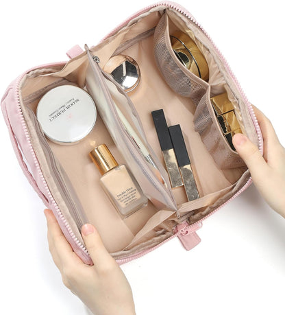 Travel Makeup Bag Organizer Pouch Open Flat Cosmetic Case Brush Slot | Open-flat design with dividers keeps cosmetics, brushes, and small beauty tools organized for travel routines, Peach-Pink