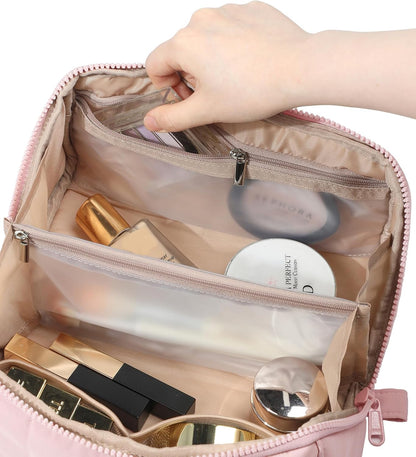 Travel Makeup Bag Organizer Pouch Open Flat Cosmetic Case Brush Slot | Open-flat design with dividers keeps cosmetics, brushes, and small beauty tools organized for travel routines, Peach-Pink