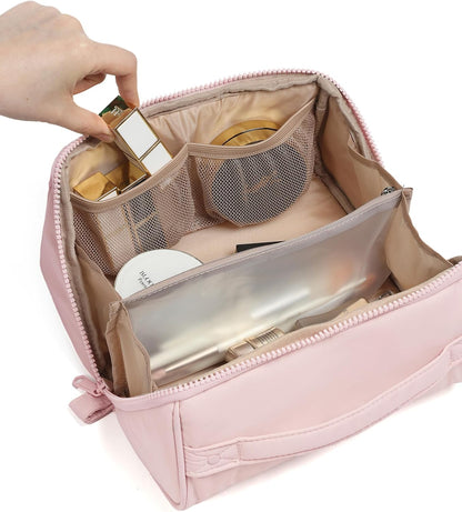 Travel Makeup Bag Organizer Pouch Open Flat Cosmetic Case Brush Slot | Open-flat design with dividers keeps cosmetics, brushes, and small beauty tools organized for travel routines, Peach-Pink