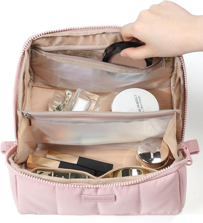 Travel Makeup Bag Organizer Pouch Open Flat Cosmetic Case Brush Slot | Open-flat design with dividers keeps cosmetics, brushes, and small beauty tools organized for travel routines, Peach-Pink