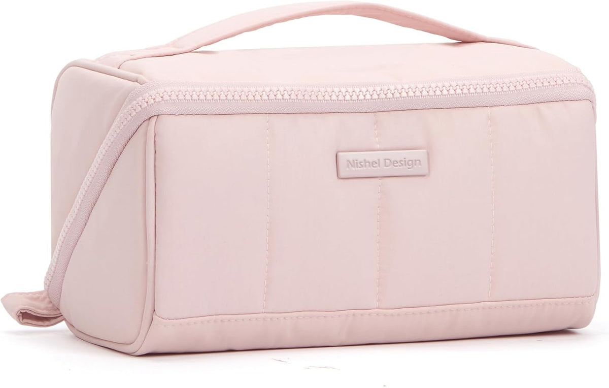 Travel Makeup Bag Organizer Pouch Open Flat Cosmetic Case Brush Slot | Open-flat design with dividers keeps cosmetics, brushes, and small beauty tools organized for travel routines, Peach-Pink