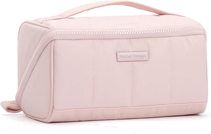 Travel Makeup Bag Organizer Pouch Open Flat Cosmetic Case Brush Slot | Open-flat design with dividers keeps cosmetics, brushes, and small beauty tools organized for travel routines, Peach-Pink