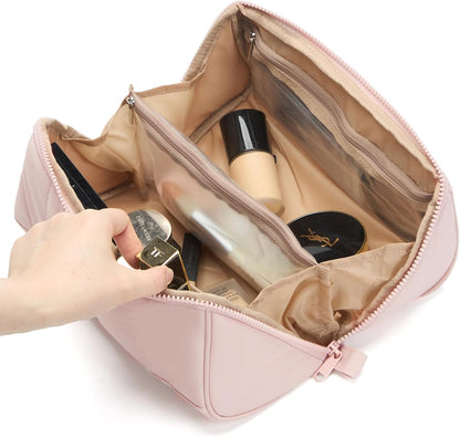 Travel Makeup Bag Organizer Pouch Open Flat Cosmetic Case Brush Slot | Open-flat design with dividers keeps cosmetics, brushes, and small beauty tools organized for travel routines, Peach-Pink