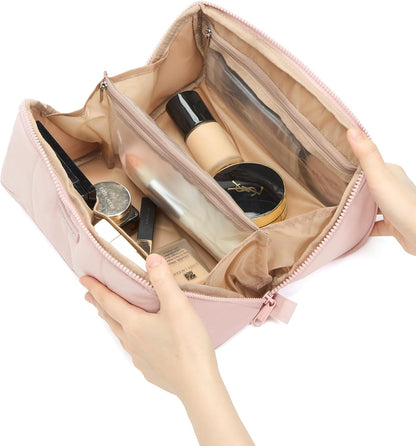 Travel Makeup Bag Organizer Pouch Open Flat Cosmetic Case Brush Slot | Open-flat design with dividers keeps cosmetics, brushes, and small beauty tools organized for travel routines, Peach-Pink