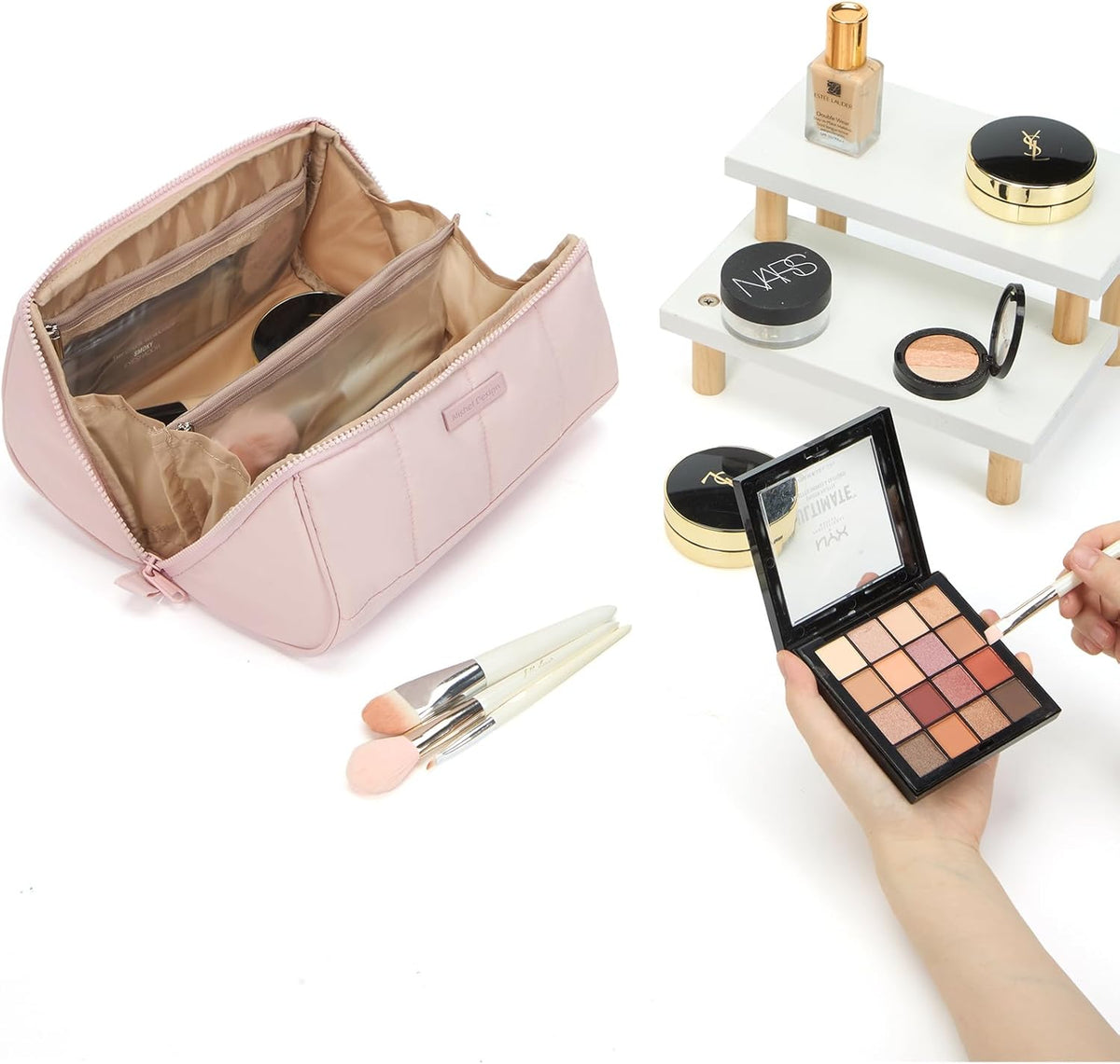 Travel Makeup Bag Organizer Pouch Open Flat Cosmetic Case Brush Slot | Open-flat design with dividers keeps cosmetics, brushes, and small beauty tools organized for travel routines, Peach-Pink
