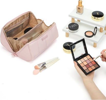 Travel Makeup Bag Organizer Pouch Open Flat Cosmetic Case Brush Slot | Open-flat design with dividers keeps cosmetics, brushes, and small beauty tools organized for travel routines, Peach-Pink