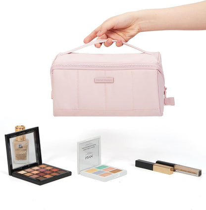 Travel Makeup Bag Organizer Pouch Open Flat Cosmetic Case Brush Slot | Open-flat design with dividers keeps cosmetics, brushes, and small beauty tools organized for travel routines, Peach-Pink