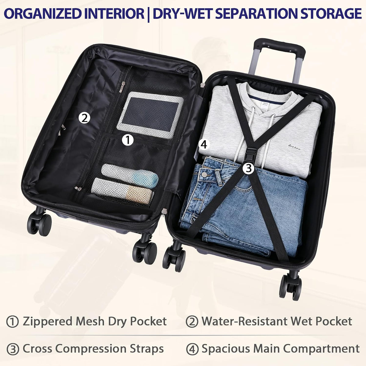 21" Expandable Luggage Spinner Suitcase Carry-On Luggage Hard Shell Built-In TSA lock, 4-Wheel Spinner Travel Suitcase Bag(blue)