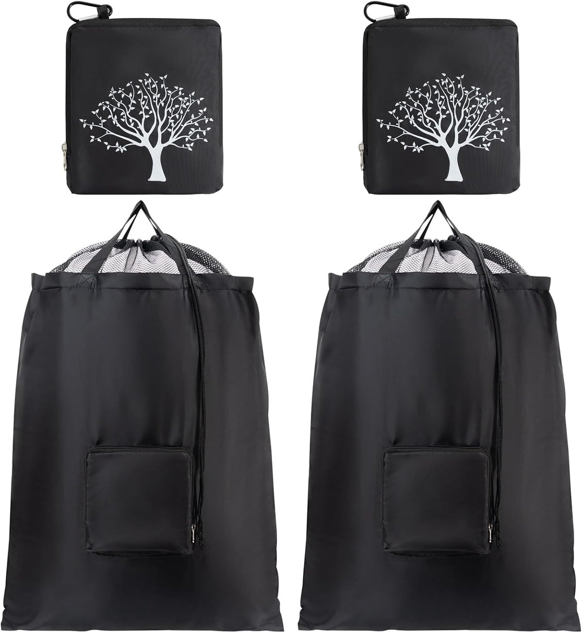 2 Packs Travel Laundry Bags, Foldable Dirty Clothes Bag 【Upgraded】 with Drawstring Mesh, Handles, and Carabiner, Portable, Suitable for Travel, Gym, Camping (Black)
