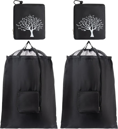 2 Packs Travel Laundry Bags, Foldable Dirty Clothes Bag 【Upgraded】 with Drawstring Mesh, Handles, and Carabiner, Portable, Suitable for Travel, Gym, Camping (Black)