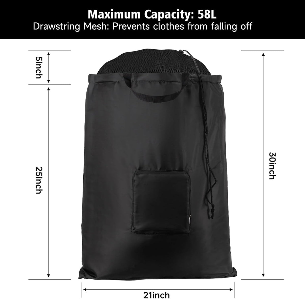 2 Packs Travel Laundry Bags, Foldable Dirty Clothes Bag 【Upgraded】 with Drawstring Mesh, Handles, and Carabiner, Portable, Suitable for Travel, Gym, Camping (Black)