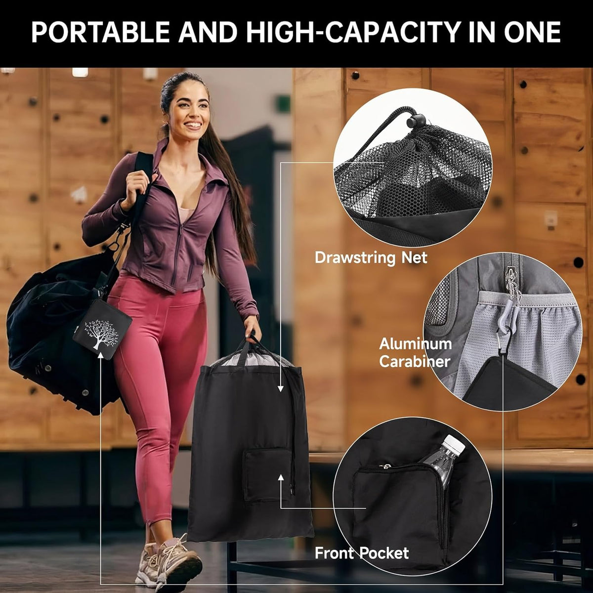 2 Packs Travel Laundry Bags, Foldable Dirty Clothes Bag 【Upgraded】 with Drawstring Mesh, Handles, and Carabiner, Portable, Suitable for Travel, Gym, Camping (Black)