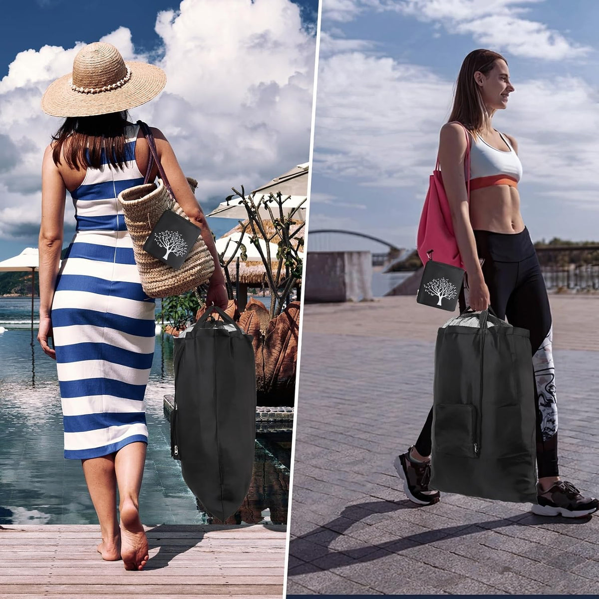 2 Packs Travel Laundry Bags, Foldable Dirty Clothes Bag 【Upgraded】 with Drawstring Mesh, Handles, and Carabiner, Portable, Suitable for Travel, Gym, Camping (Black)