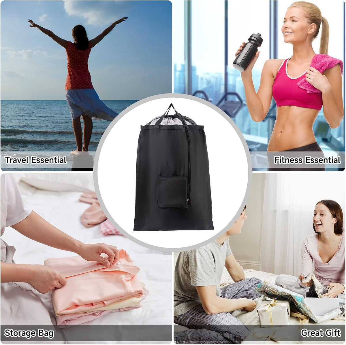 2 Packs Travel Laundry Bags, Foldable Dirty Clothes Bag 【Upgraded】 with Drawstring Mesh, Handles, and Carabiner, Portable, Suitable for Travel, Gym, Camping (Black)