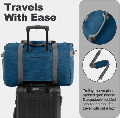 65L Foldable Duffle Bag with Shoes Compartment, Water-Resistant Packable Travel Duffel for Gym, Weekend Trips, Lightweight Carry on Luggage for Men & Women