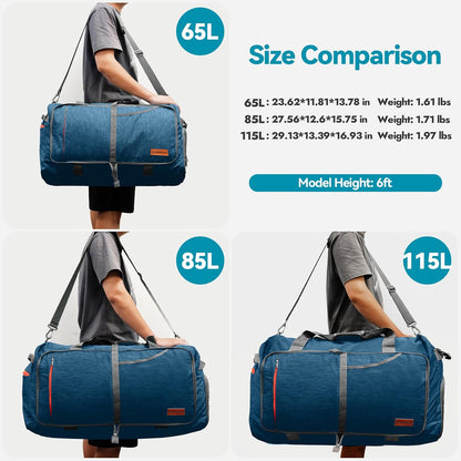 65L Foldable Duffle Bag with Shoes Compartment, Water-Resistant Packable Travel Duffel for Gym, Weekend Trips, Lightweight Carry on Luggage for Men & Women