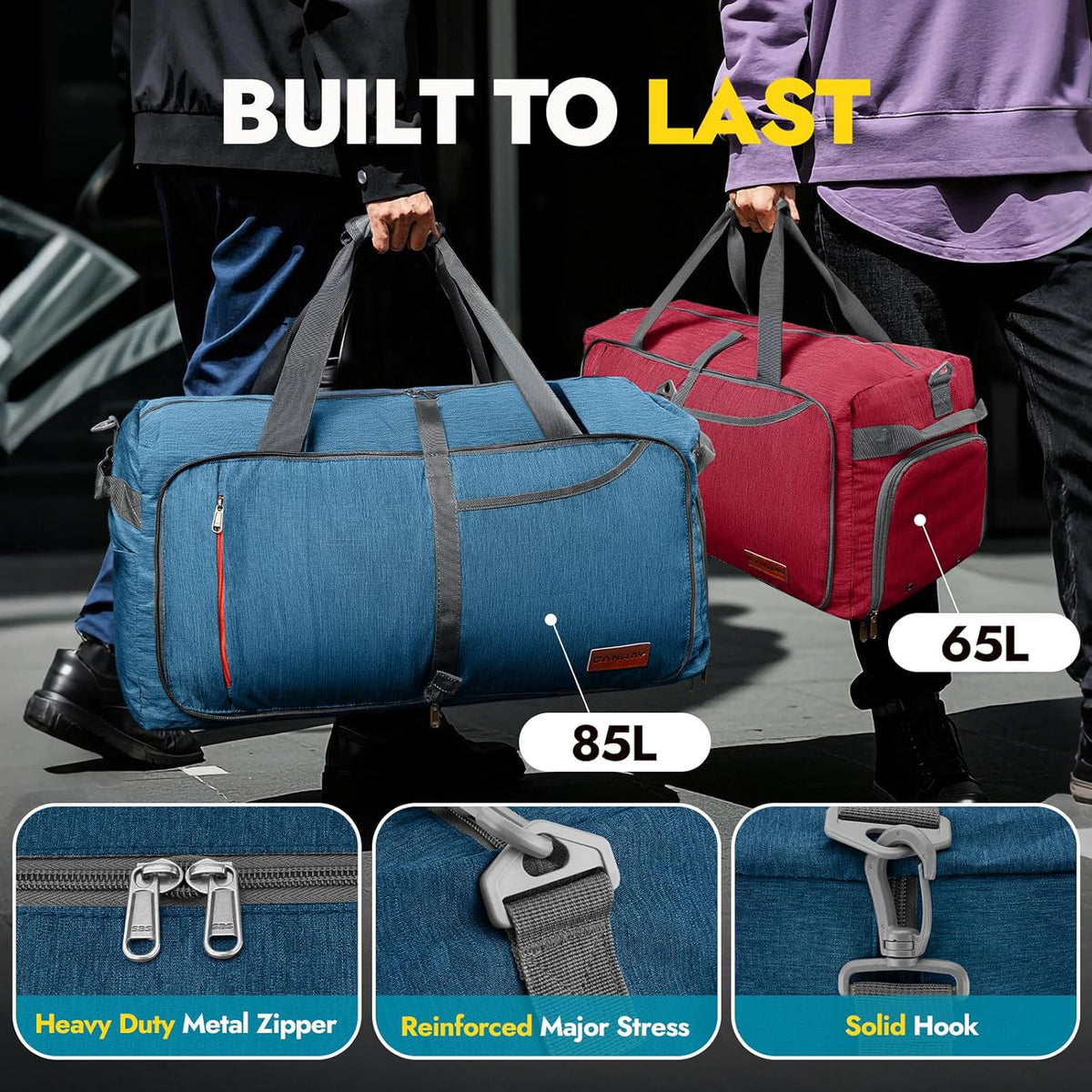 65L Foldable Duffle Bag with Shoes Compartment, Water-Resistant Packable Travel Duffel for Gym, Weekend Trips, Lightweight Carry on Luggage for Men & Women
