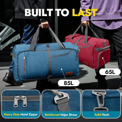 65L Foldable Duffle Bag with Shoes Compartment, Water-Resistant Packable Travel Duffel for Gym, Weekend Trips, Lightweight Carry on Luggage for Men & Women