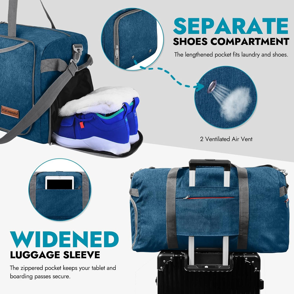 65L Foldable Duffle Bag with Shoes Compartment, Water-Resistant Packable Travel Duffel for Gym, Weekend Trips, Lightweight Carry on Luggage for Men & Women