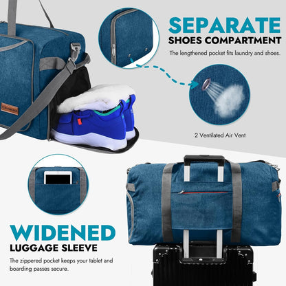 65L Foldable Duffle Bag with Shoes Compartment, Water-Resistant Packable Travel Duffel for Gym, Weekend Trips, Lightweight Carry on Luggage for Men & Women
