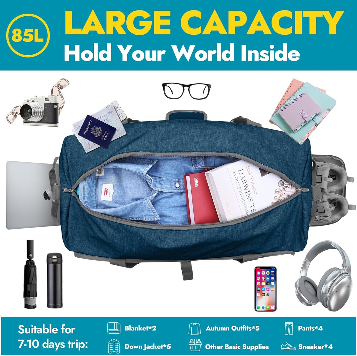 65L Foldable Duffle Bag with Shoes Compartment, Water-Resistant Packable Travel Duffel for Gym, Weekend Trips, Lightweight Carry on Luggage for Men & Women