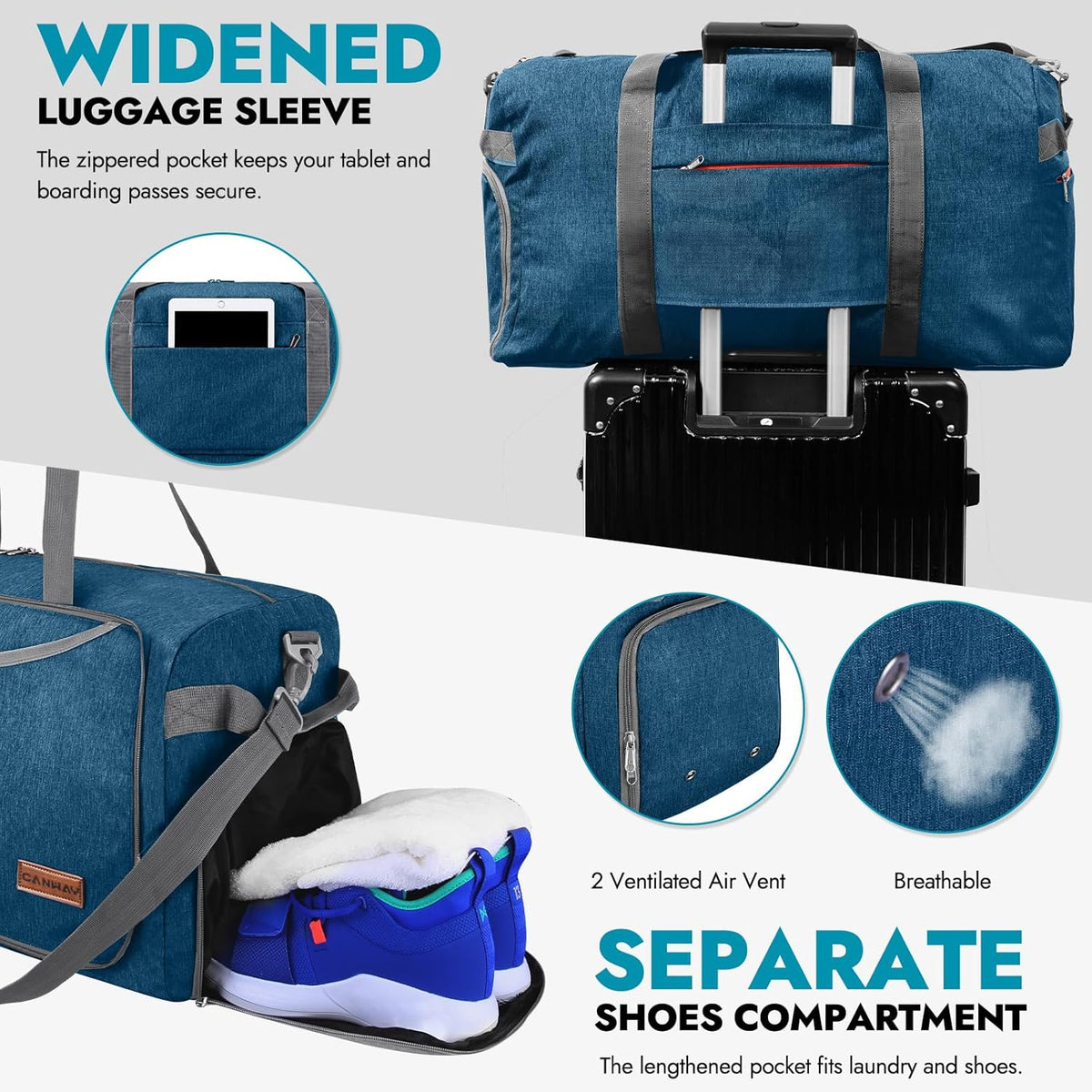 65L Foldable Duffle Bag with Shoes Compartment, Water-Resistant Packable Travel Duffel for Gym, Weekend Trips, Lightweight Carry on Luggage for Men & Women