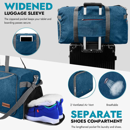 65L Foldable Duffle Bag with Shoes Compartment, Water-Resistant Packable Travel Duffel for Gym, Weekend Trips, Lightweight Carry on Luggage for Men & Women