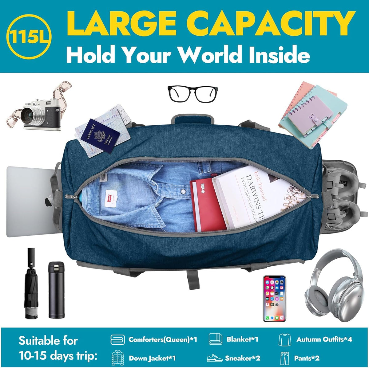 65L Foldable Duffle Bag with Shoes Compartment, Water-Resistant Packable Travel Duffel for Gym, Weekend Trips, Lightweight Carry on Luggage for Men & Women