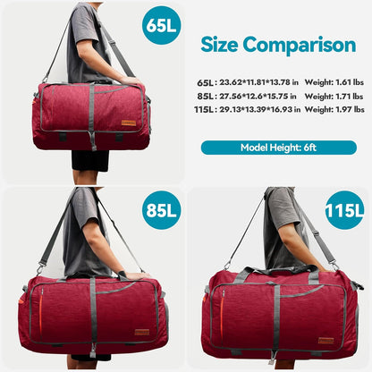 65L Foldable Duffle Bag with Shoes Compartment, Water-Resistant Packable Travel Duffel for Gym, Weekend Trips, Lightweight Carry on Luggage for Men & Women