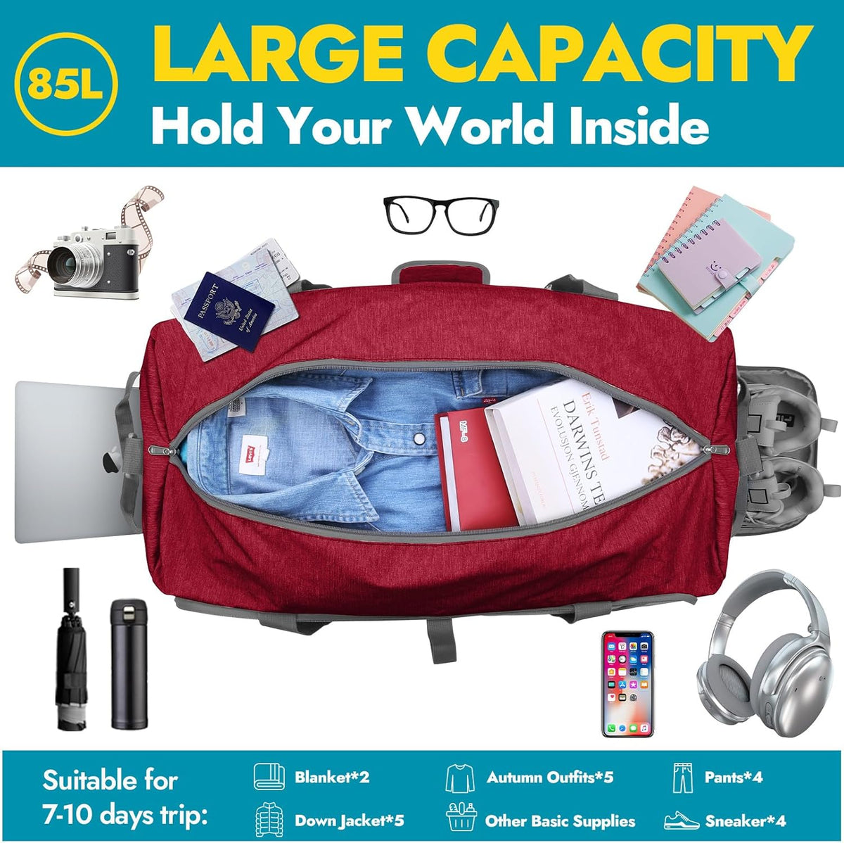 65L Foldable Duffle Bag with Shoes Compartment, Water-Resistant Packable Travel Duffel for Gym, Weekend Trips, Lightweight Carry on Luggage for Men & Women