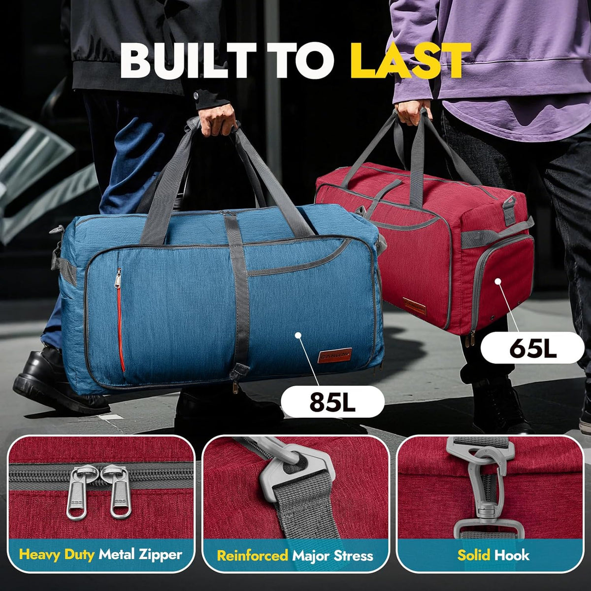 65L Foldable Duffle Bag with Shoes Compartment, Water-Resistant Packable Travel Duffel for Gym, Weekend Trips, Lightweight Carry on Luggage for Men & Women