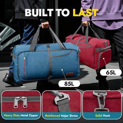65L Foldable Duffle Bag with Shoes Compartment, Water-Resistant Packable Travel Duffel for Gym, Weekend Trips, Lightweight Carry on Luggage for Men & Women