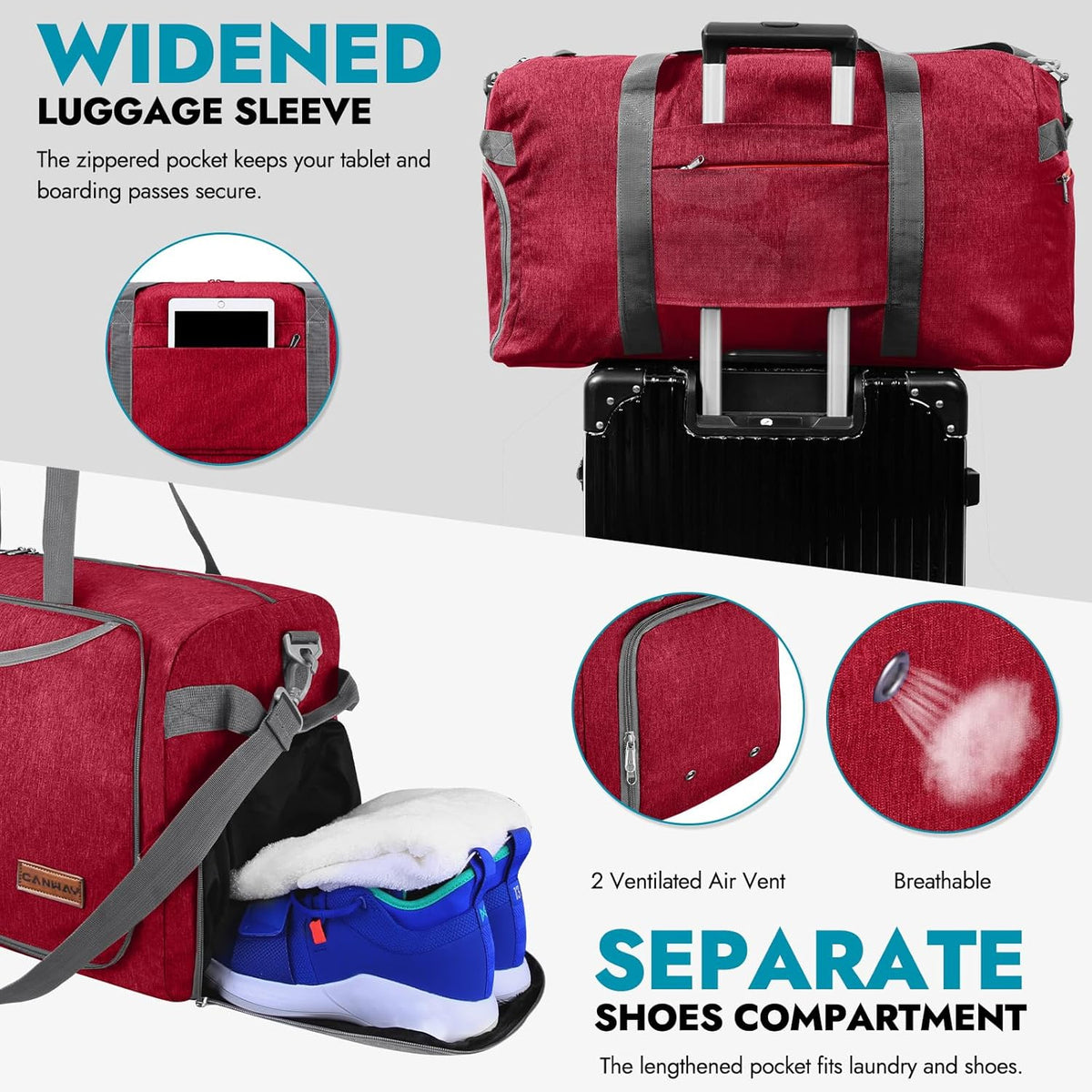 65L Foldable Duffle Bag with Shoes Compartment, Water-Resistant Packable Travel Duffel for Gym, Weekend Trips, Lightweight Carry on Luggage for Men & Women