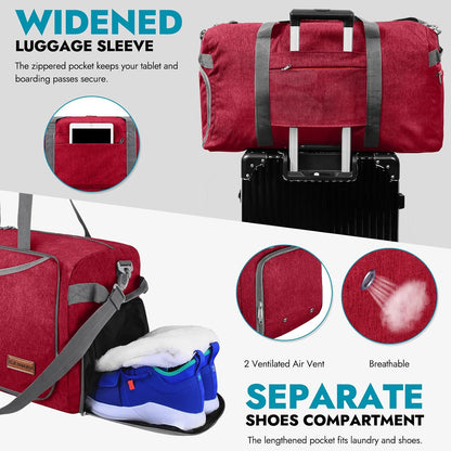 65L Foldable Duffle Bag with Shoes Compartment, Water-Resistant Packable Travel Duffel for Gym, Weekend Trips, Lightweight Carry on Luggage for Men & Women