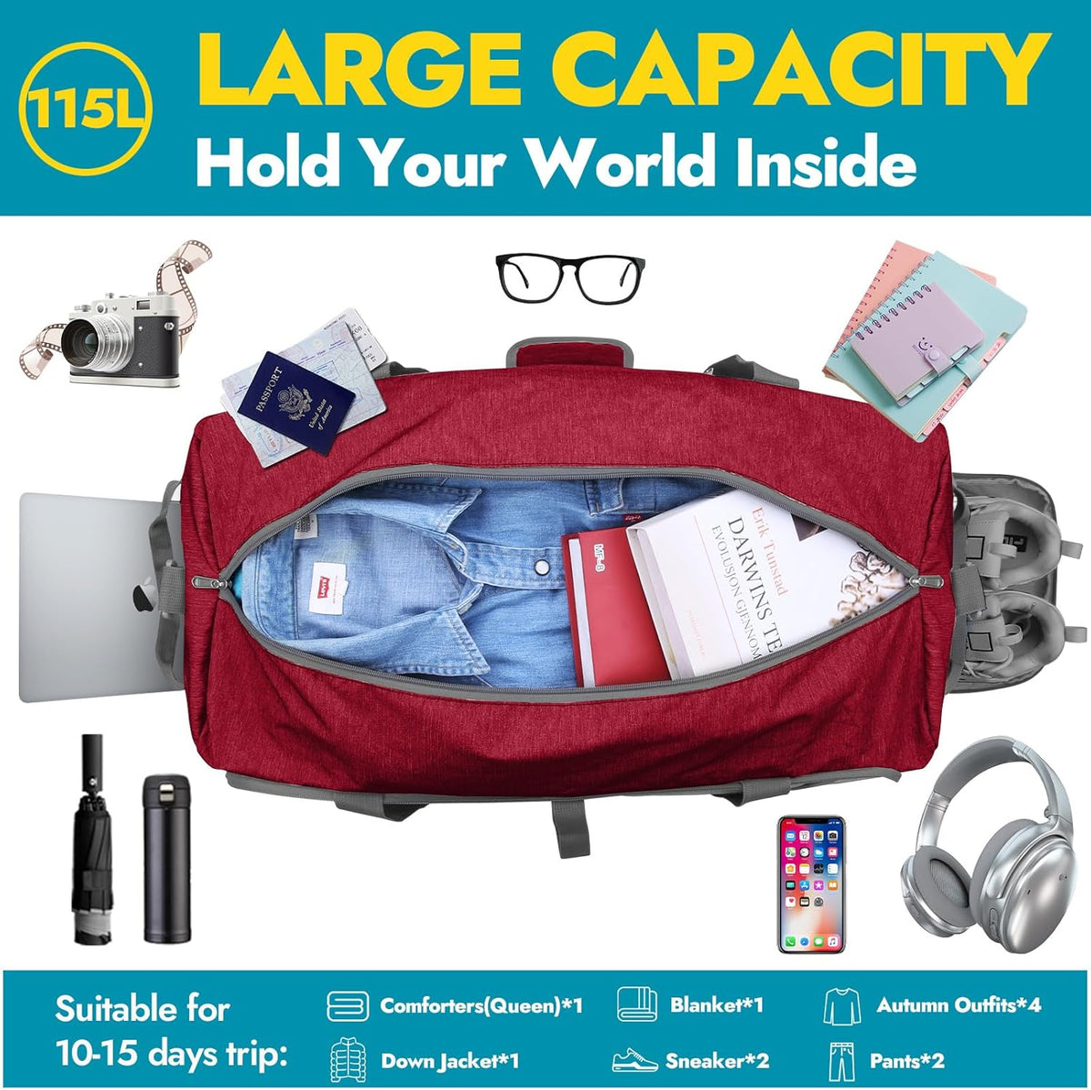 65L Foldable Duffle Bag with Shoes Compartment, Water-Resistant Packable Travel Duffel for Gym, Weekend Trips, Lightweight Carry on Luggage for Men & Women