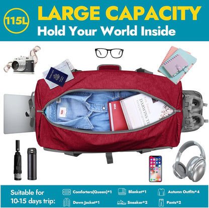 65L Foldable Duffle Bag with Shoes Compartment, Water-Resistant Packable Travel Duffel for Gym, Weekend Trips, Lightweight Carry on Luggage for Men & Women