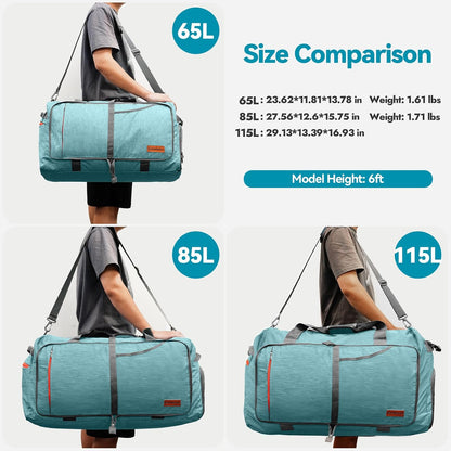 65L Foldable Duffle Bag with Shoes Compartment, Water-Resistant Packable Travel Duffel for Gym, Weekend Trips, Lightweight Carry on Luggage for Men & Women