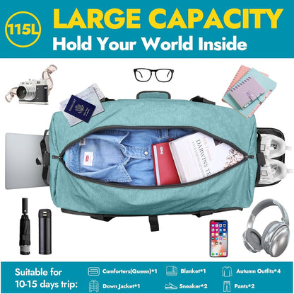 65L Foldable Duffle Bag with Shoes Compartment, Water-Resistant Packable Travel Duffel for Gym, Weekend Trips, Lightweight Carry on Luggage for Men & Women