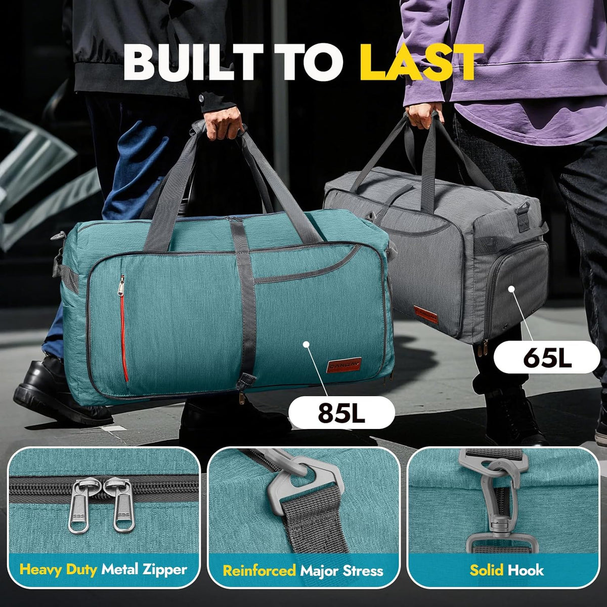 65L Foldable Duffle Bag with Shoes Compartment, Water-Resistant Packable Travel Duffel for Gym, Weekend Trips, Lightweight Carry on Luggage for Men & Women