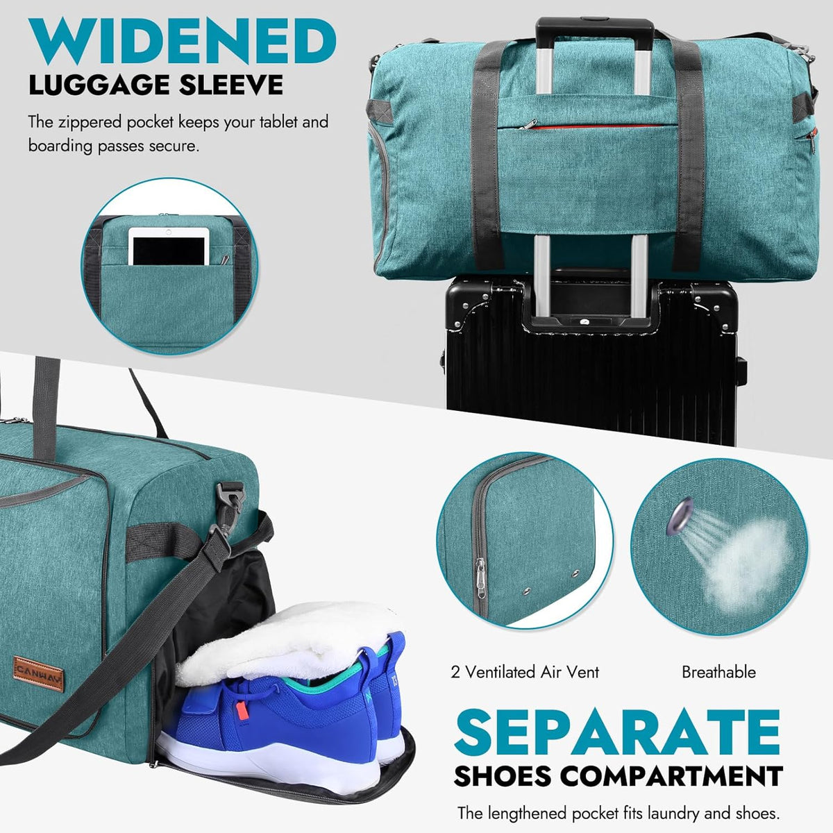65L Foldable Duffle Bag with Shoes Compartment, Water-Resistant Packable Travel Duffel for Gym, Weekend Trips, Lightweight Carry on Luggage for Men & Women