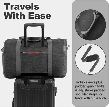 65L Foldable Duffle Bag with Shoes Compartment, Water-Resistant Packable Travel Duffel for Gym, Weekend Trips, Lightweight Carry on Luggage for Men & Women