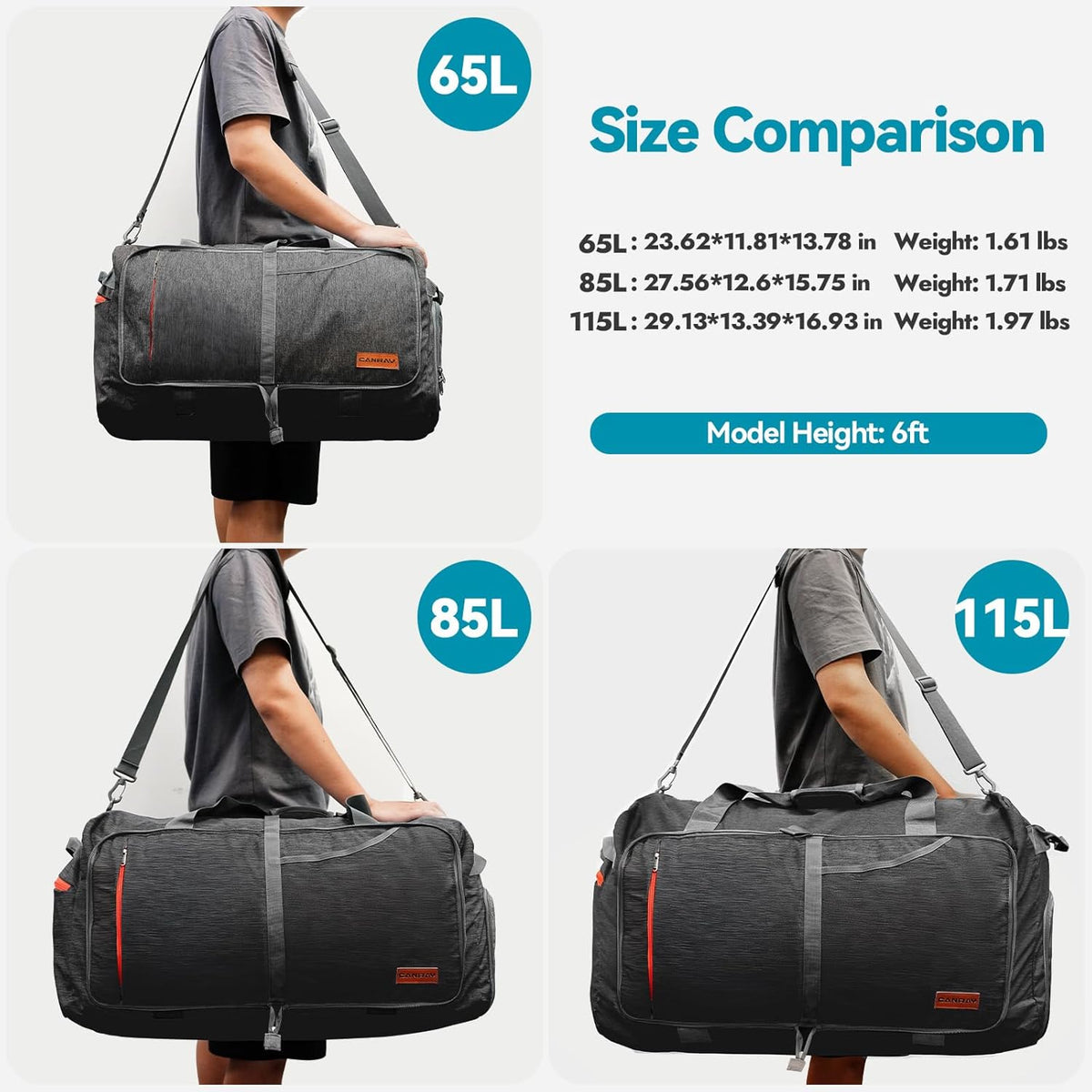 65L Foldable Duffle Bag with Shoes Compartment, Water-Resistant Packable Travel Duffel for Gym, Weekend Trips, Lightweight Carry on Luggage for Men & Women
