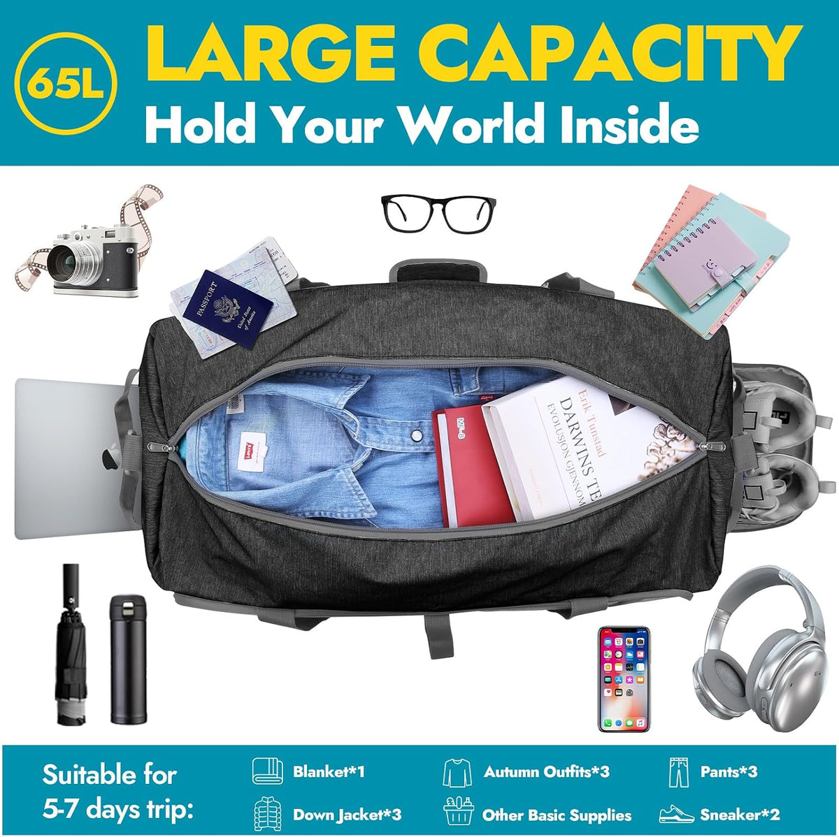 65L Foldable Duffle Bag with Shoes Compartment, Water-Resistant Packable Travel Duffel for Gym, Weekend Trips, Lightweight Carry on Luggage for Men & Women