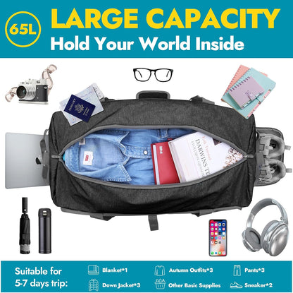 65L Foldable Duffle Bag with Shoes Compartment, Water-Resistant Packable Travel Duffel for Gym, Weekend Trips, Lightweight Carry on Luggage for Men & Women