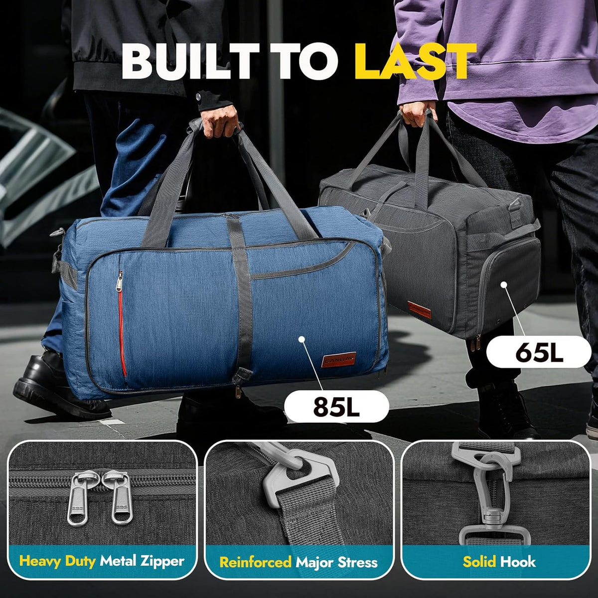 65L Foldable Duffle Bag with Shoes Compartment, Water-Resistant Packable Travel Duffel for Gym, Weekend Trips, Lightweight Carry on Luggage for Men & Women