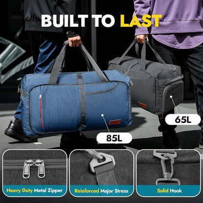 65L Foldable Duffle Bag with Shoes Compartment, Water-Resistant Packable Travel Duffel for Gym, Weekend Trips, Lightweight Carry on Luggage for Men & Women