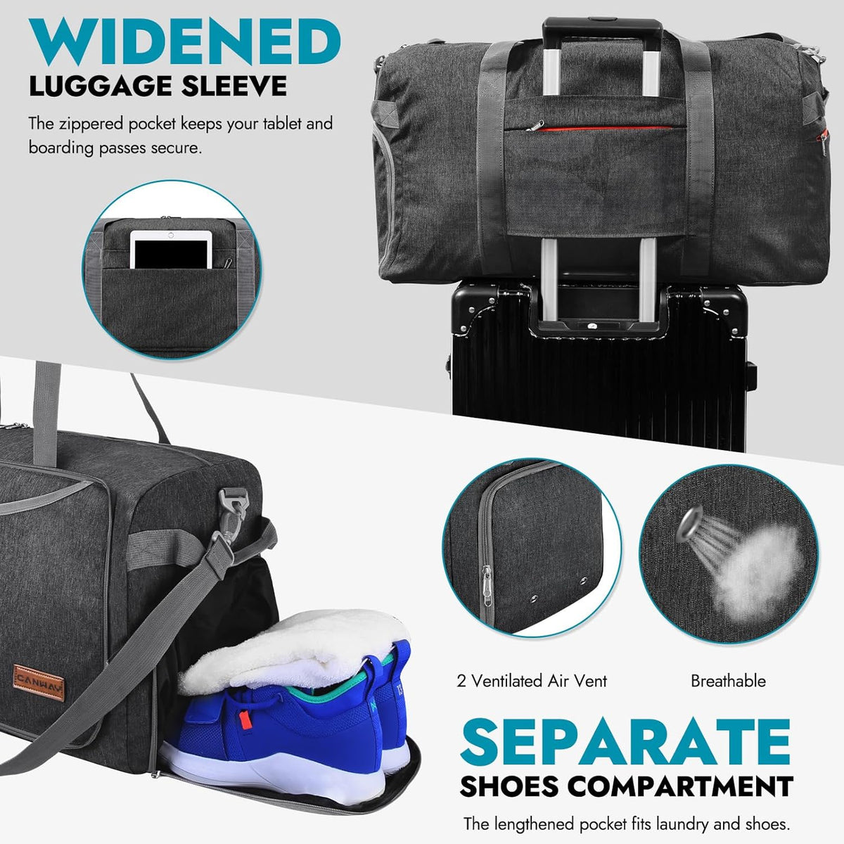 65L Foldable Duffle Bag with Shoes Compartment, Water-Resistant Packable Travel Duffel for Gym, Weekend Trips, Lightweight Carry on Luggage for Men & Women