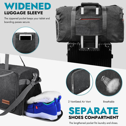 65L Foldable Duffle Bag with Shoes Compartment, Water-Resistant Packable Travel Duffel for Gym, Weekend Trips, Lightweight Carry on Luggage for Men & Women