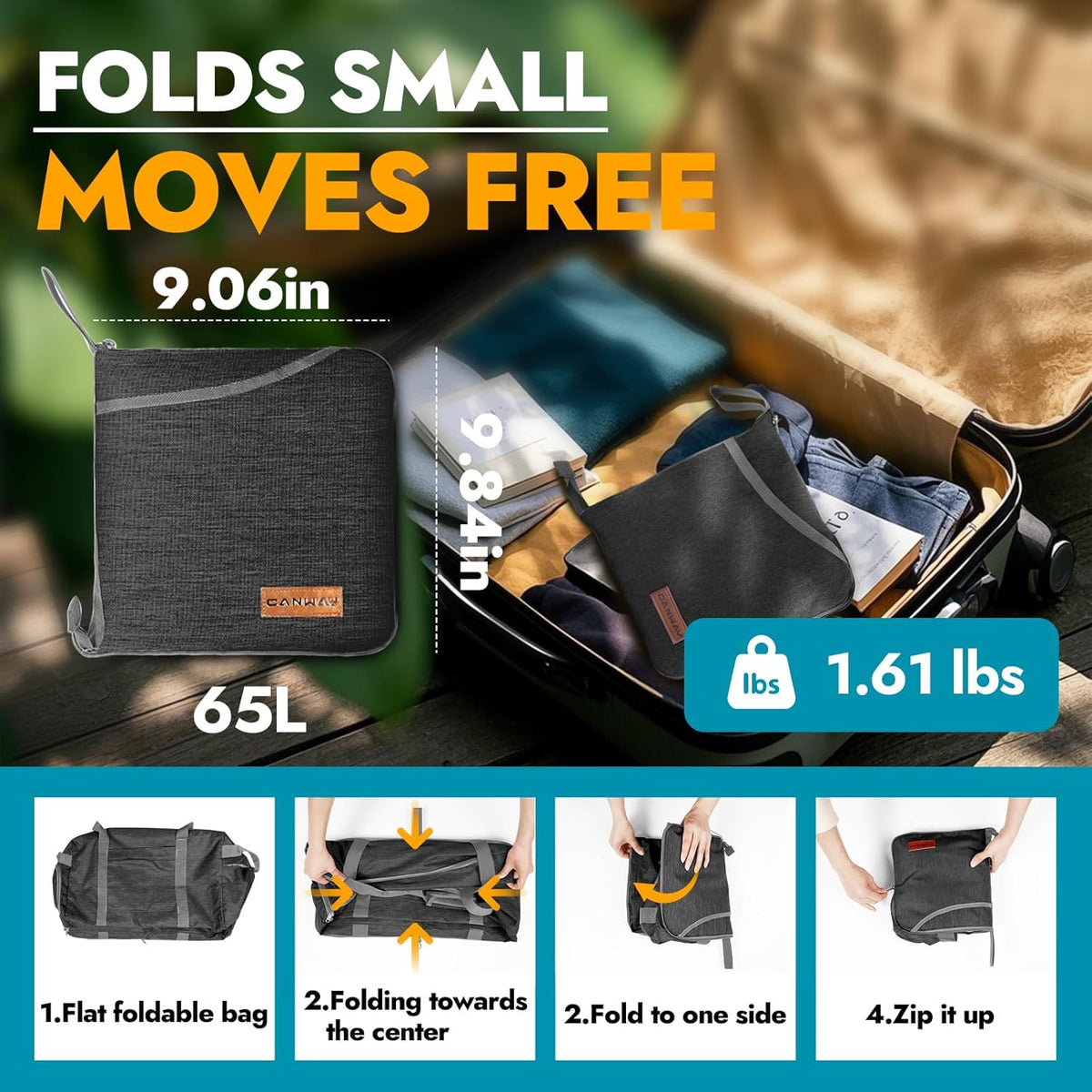 65L Foldable Duffle Bag with Shoes Compartment, Water-Resistant Packable Travel Duffel for Gym, Weekend Trips, Lightweight Carry on Luggage for Men & Women